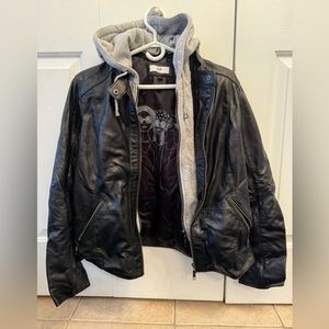 Black leather jacket with removable cotton hood